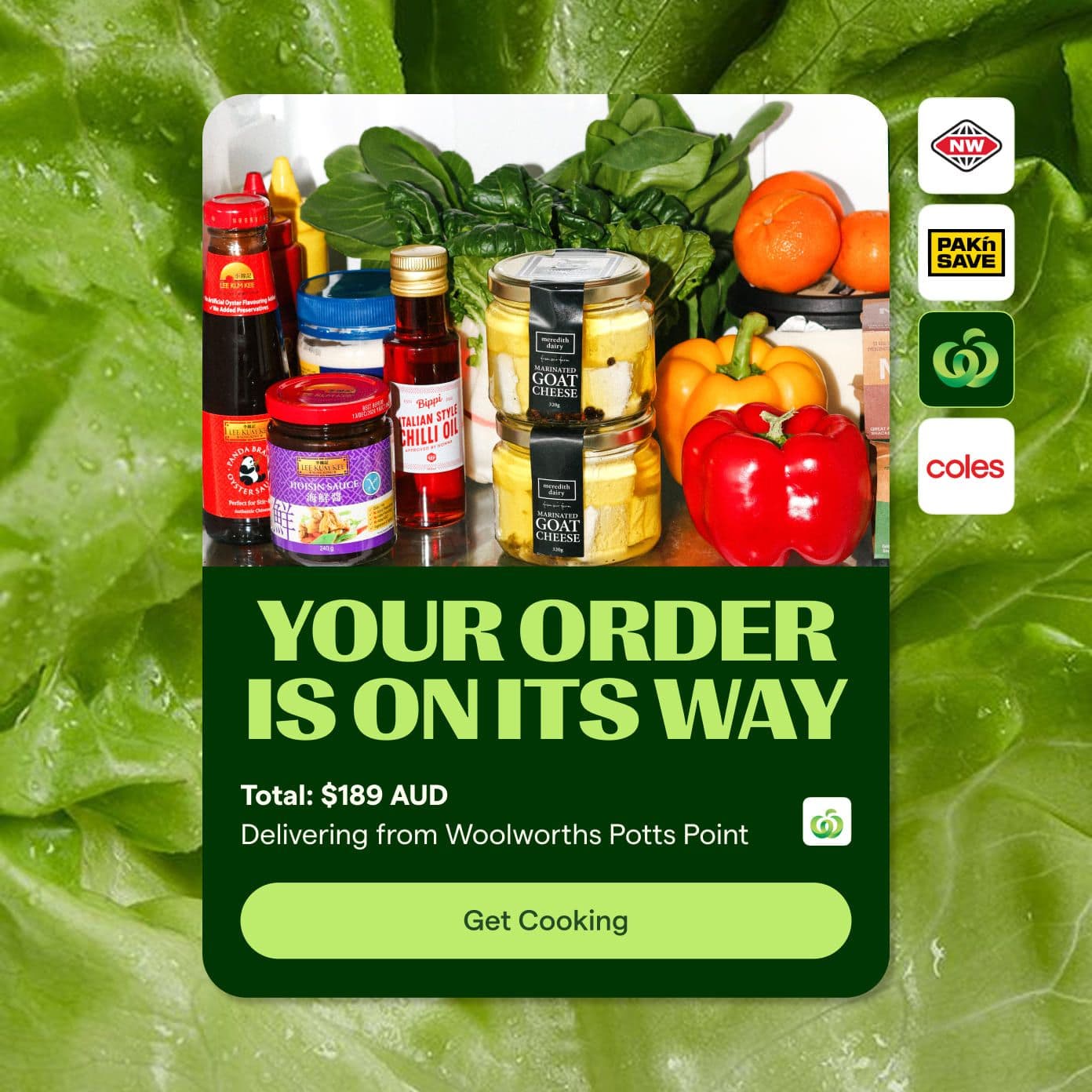 Checkout screens shown over fresh produce shelves