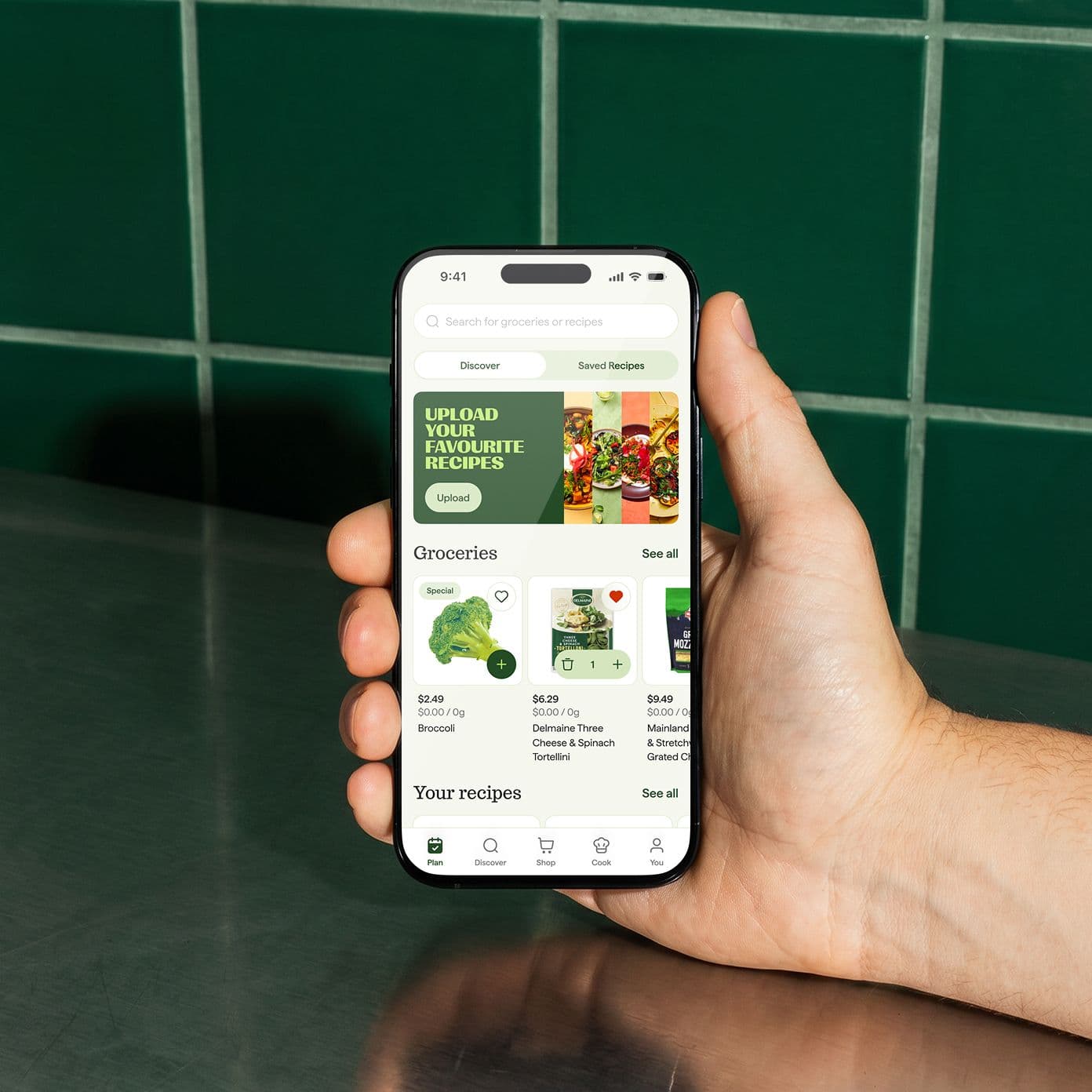 Recipe discovery and search interface over green kitchen tiles