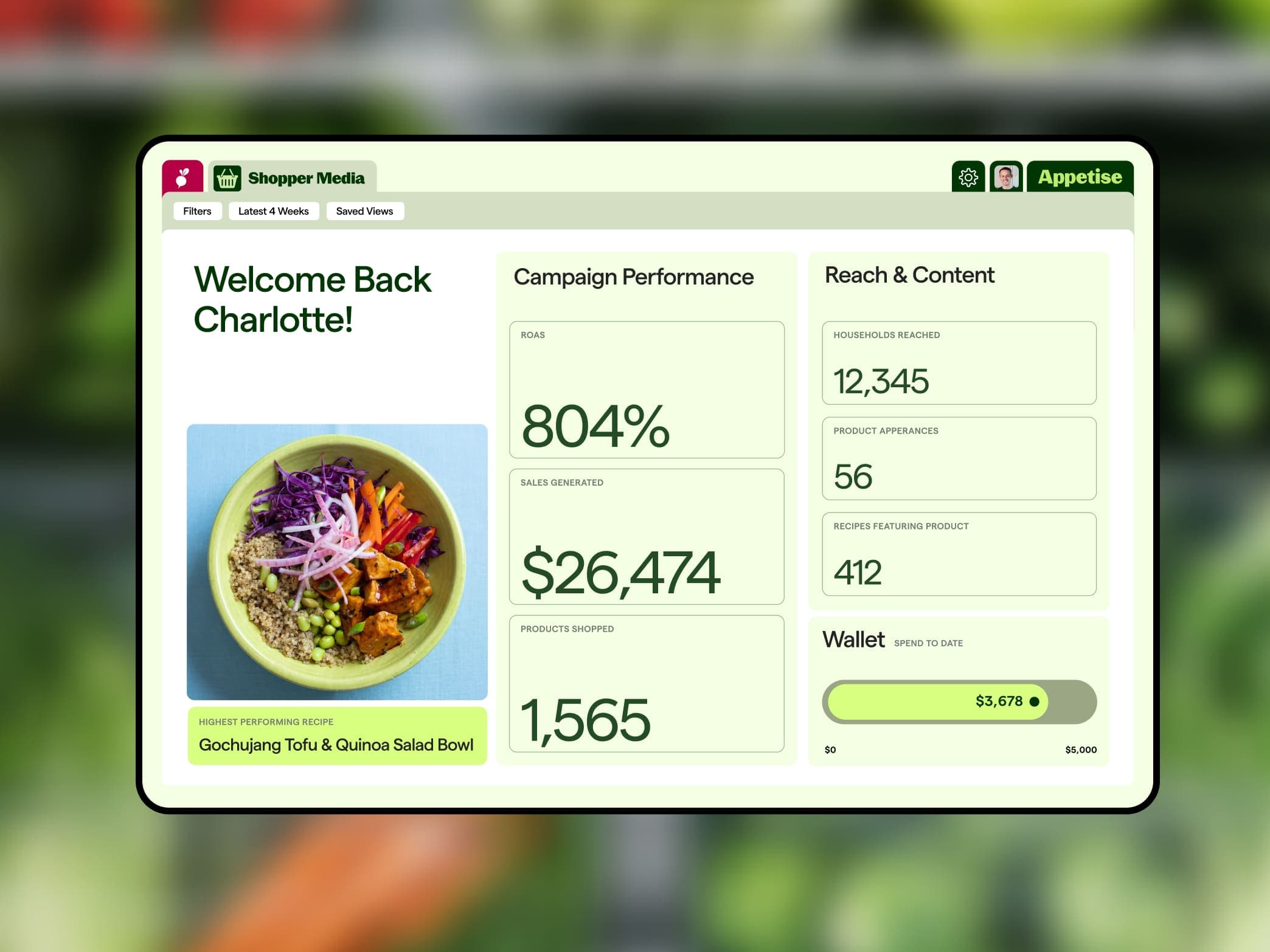 Shopper Media dashboard interface over fresh produce shelves