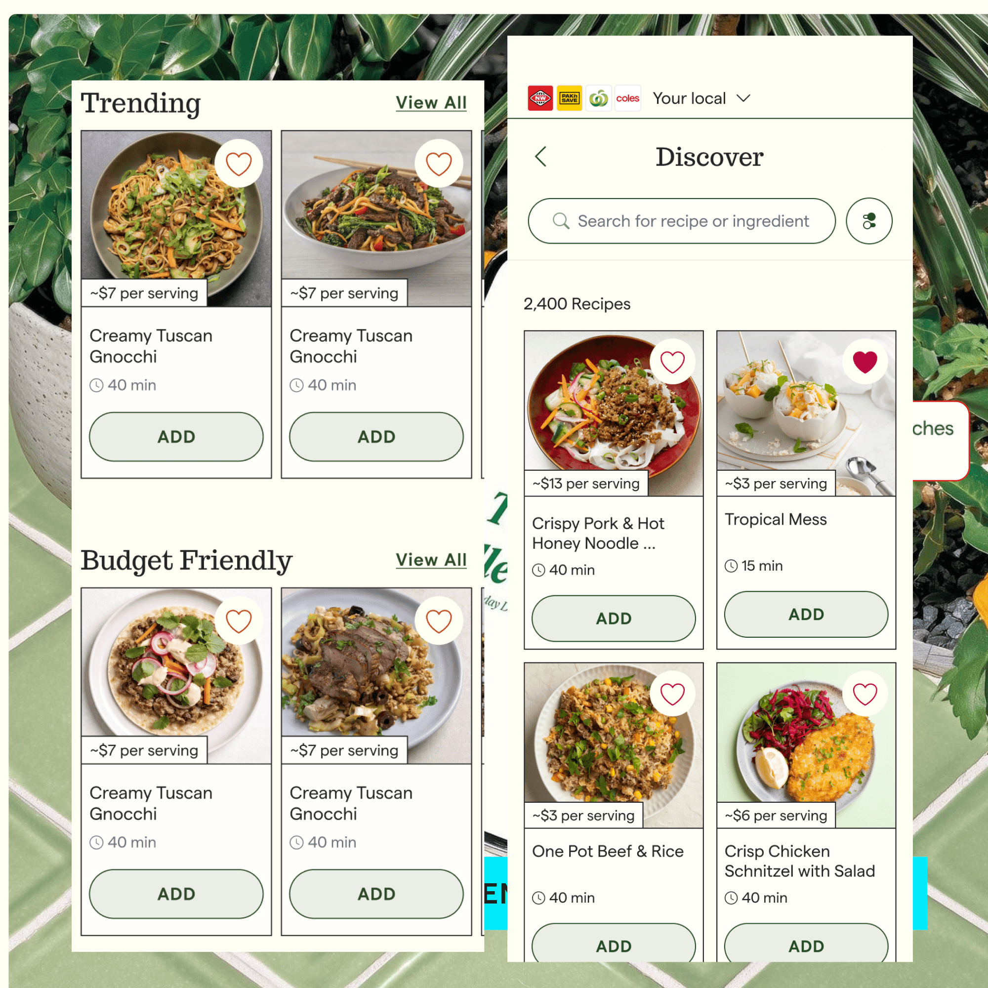 Recipe discovery and search interface over green kitchen tiles
