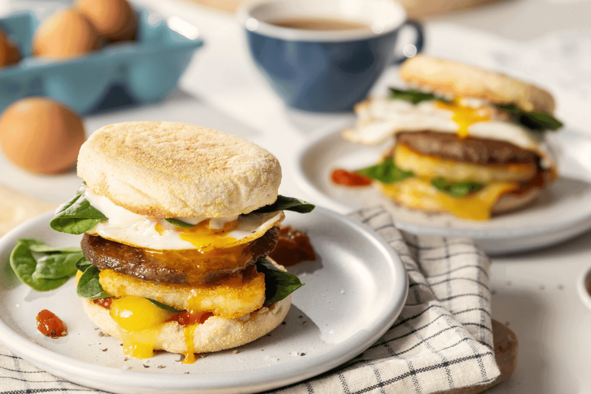 Two breakfast sandwiches on white plates